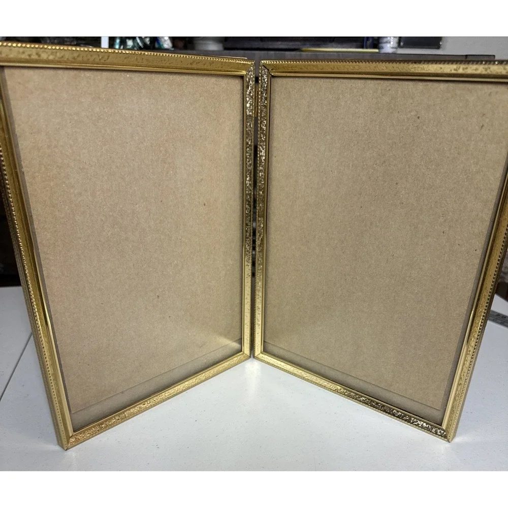 Vintage Gold Metal Double Picture Photo Frame Ornate  8x10 Red Felt Back Glass
